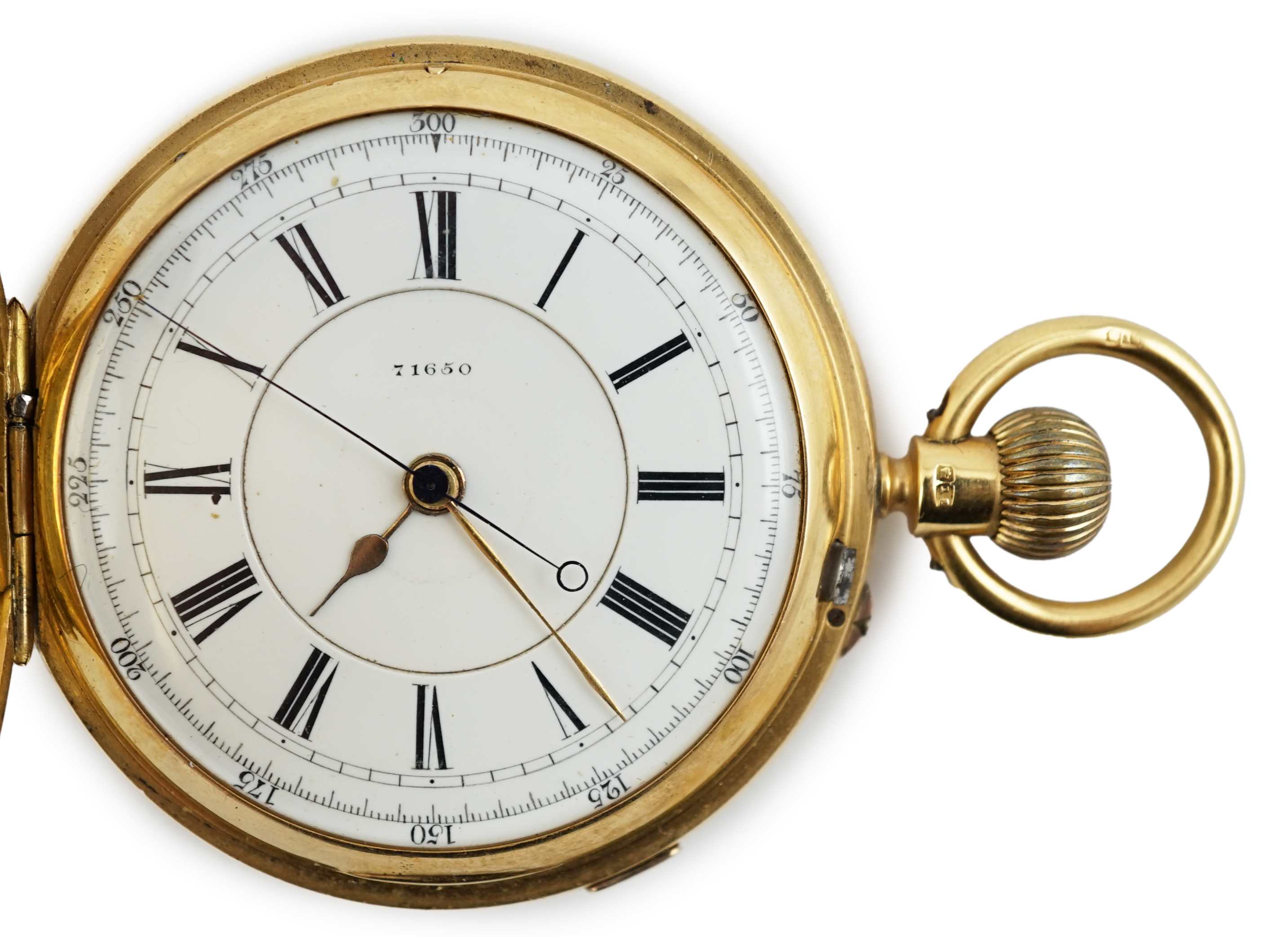 A late Victorian 18ct gold half hunter chronograph keyless pocket watch